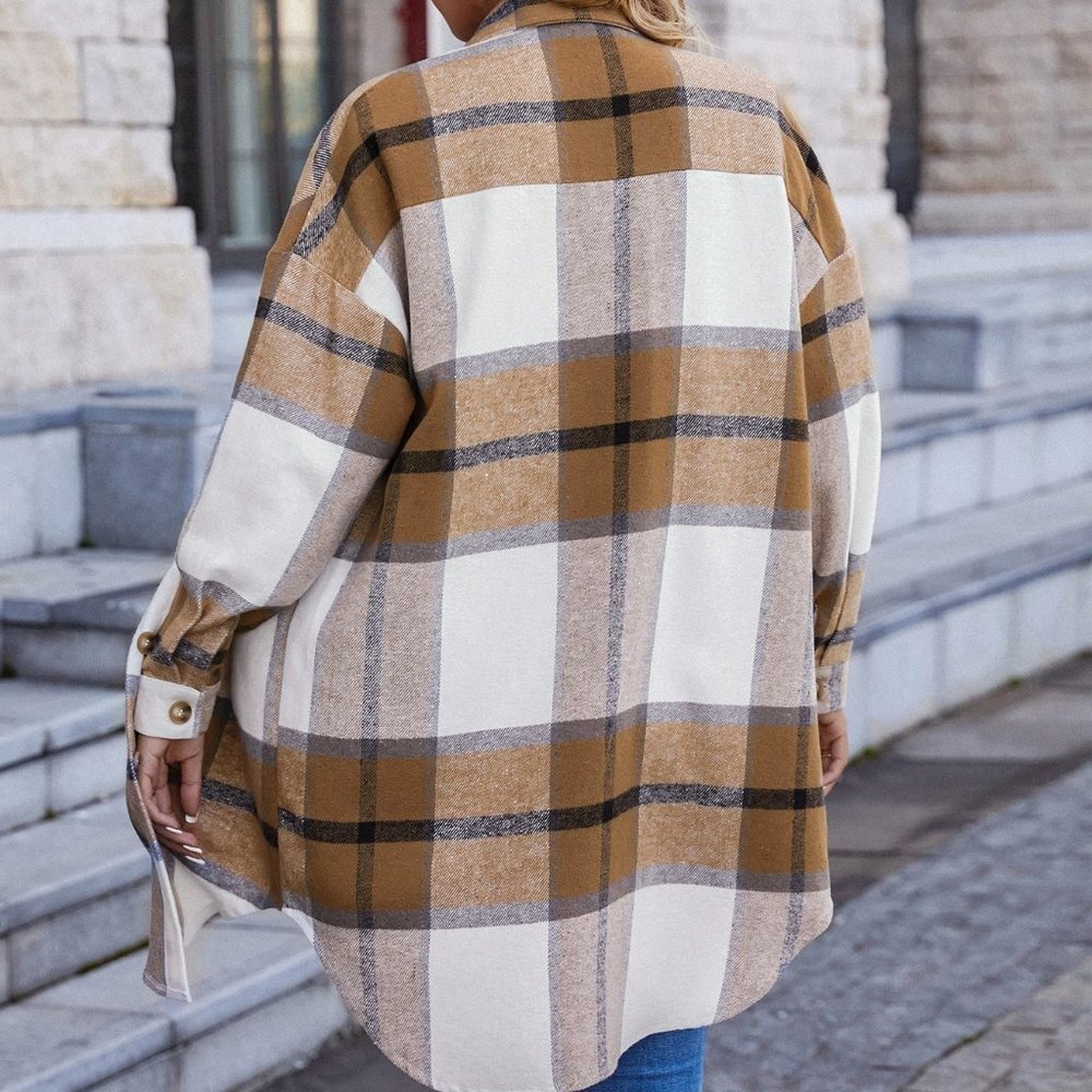 Casual Plaid Print Shacket Khaki - Picture 5 of 5